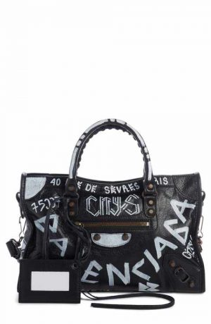 Balenciaga Black & White Graffiti Leather Classic City Bag by WP